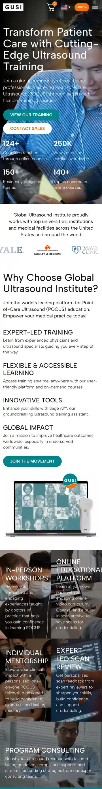 Global Ultrasound Institute website on mobile, full scroll