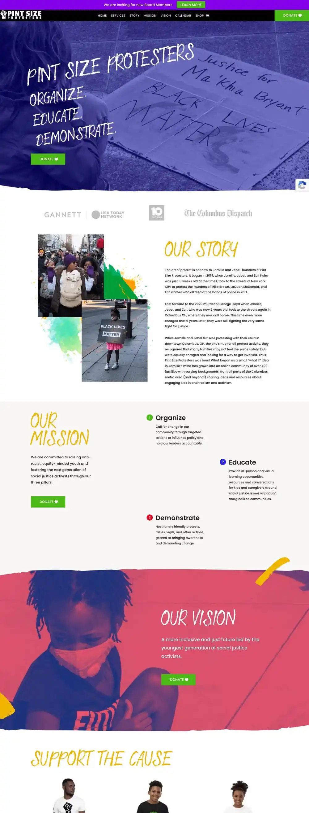 Pint Size Protesters website on desktop, full scroll