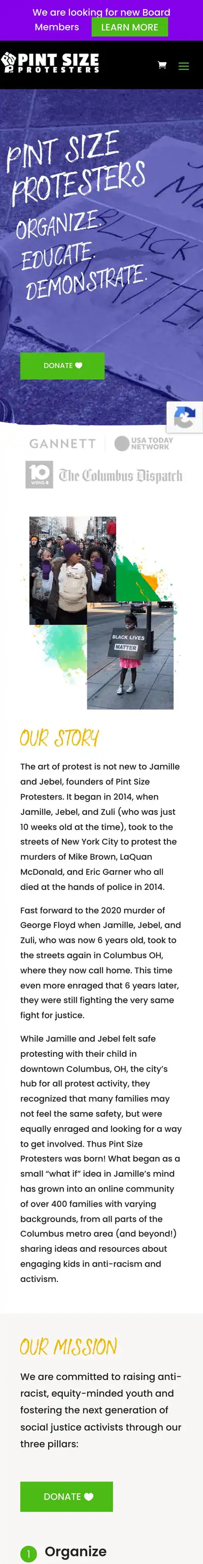 Pint Size Protesters website on mobile, full scroll